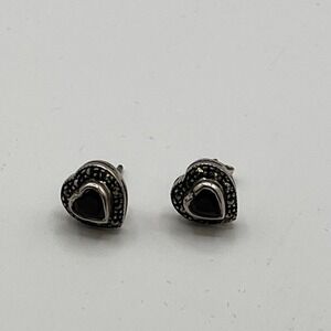 Vintage FAS 925 Sterling Silver Heart Garnet Marcasite Stud Earrings